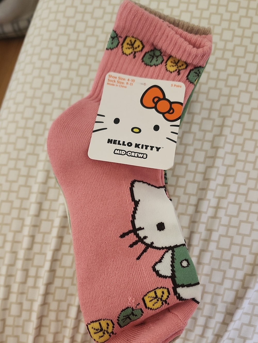 Hello Kitty Pink Crew Socks with Green & Yellow Accents